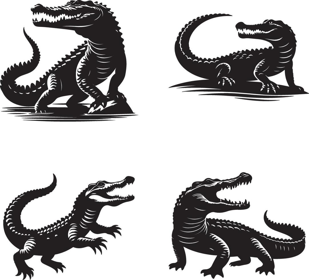 Crocodile Silhouette four alligators in different poses on a white background vector