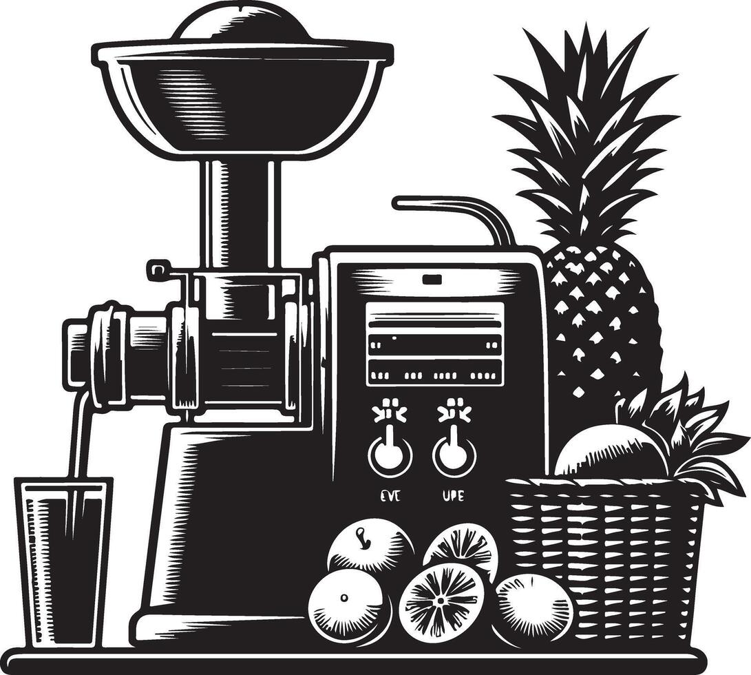 a black and white illustration of a juicer with fruit vector