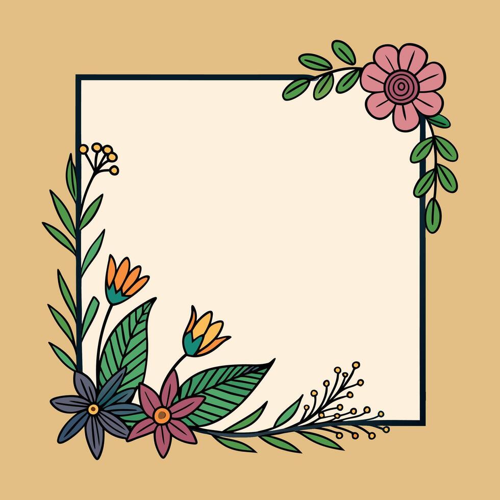 floral frame with flowers and leaves on a beige background vector