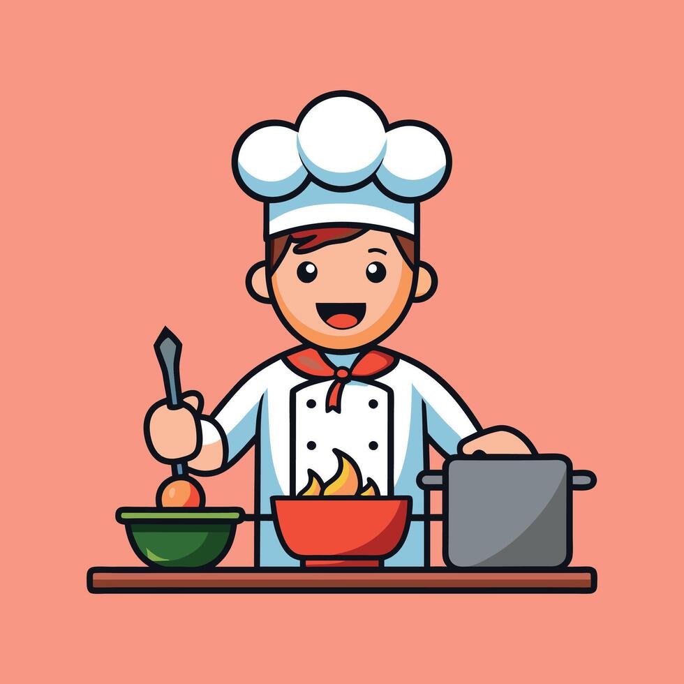 chef cooking food on the table with a pot and pan vector