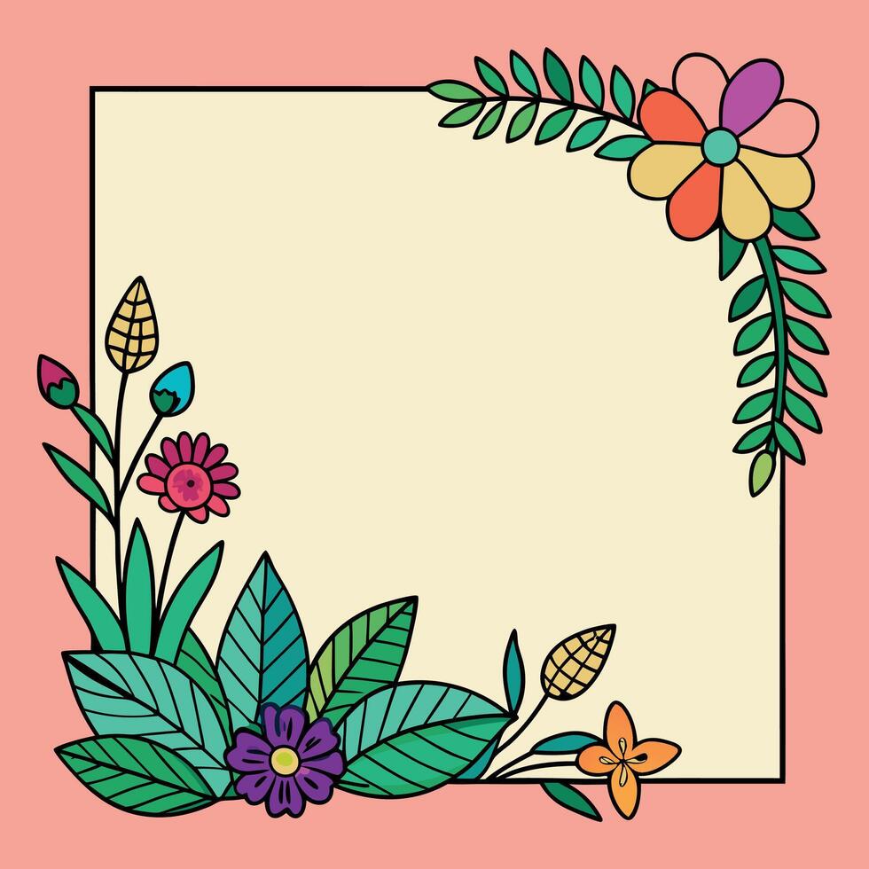 illustration of floral frame with leaves and flowers on pink background vector