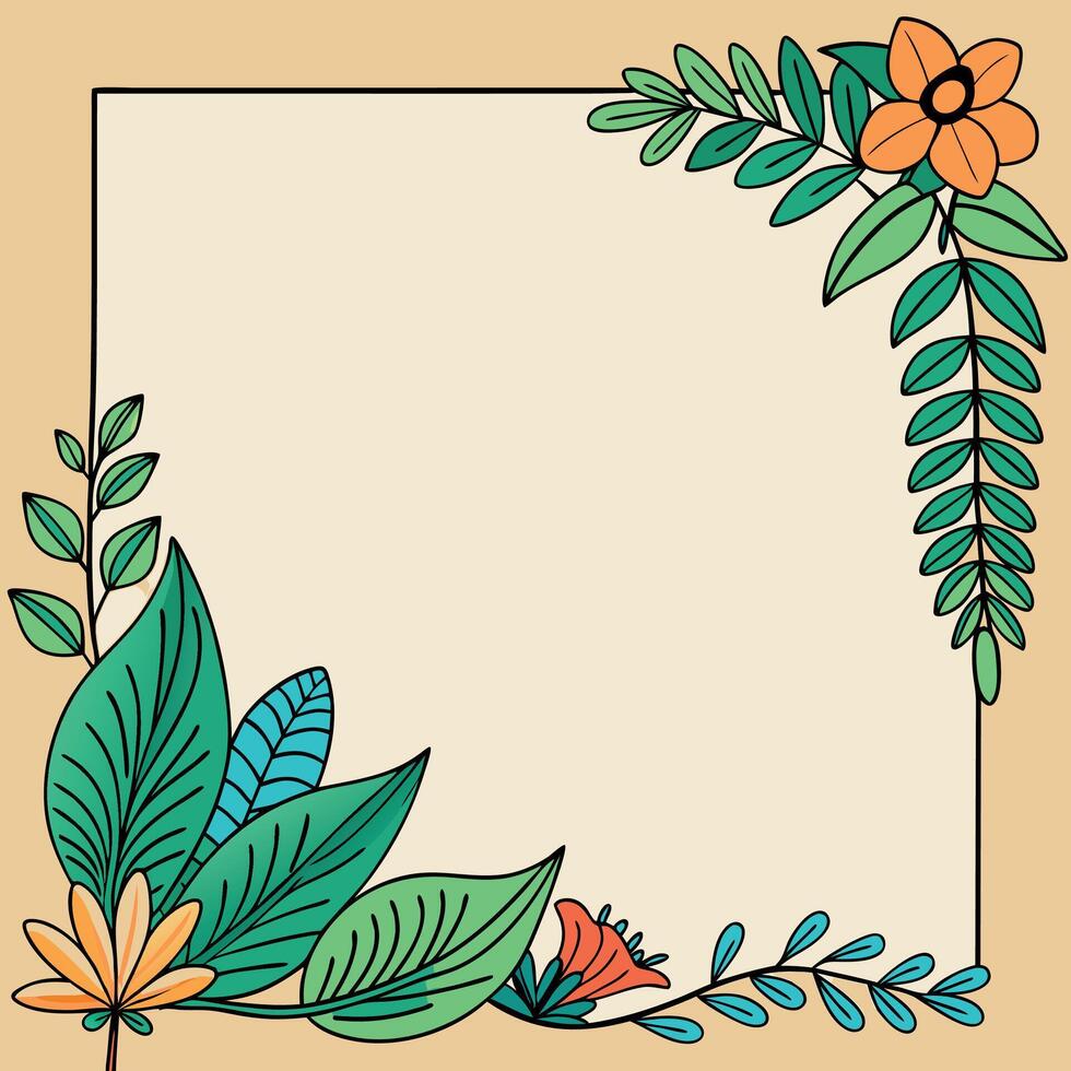 illustration of a square frame with leaves and flowers vector