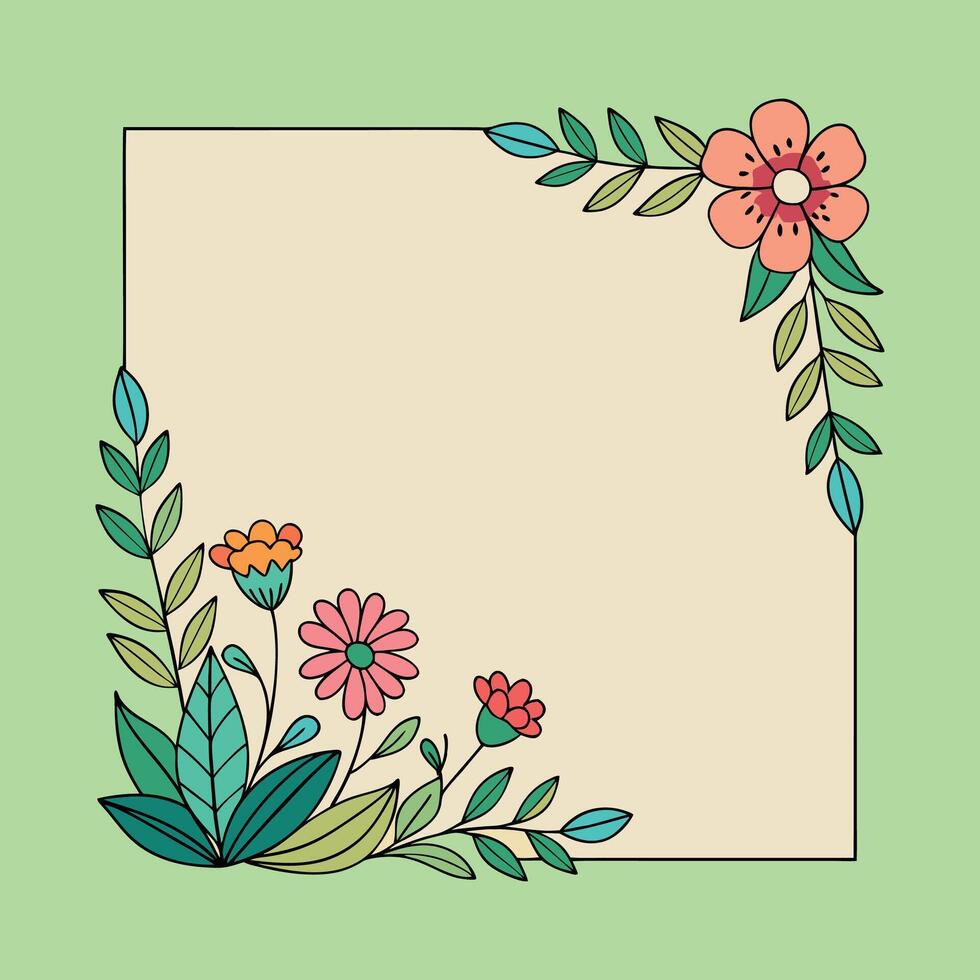 floral frame with leaves and flowers on a green background vector