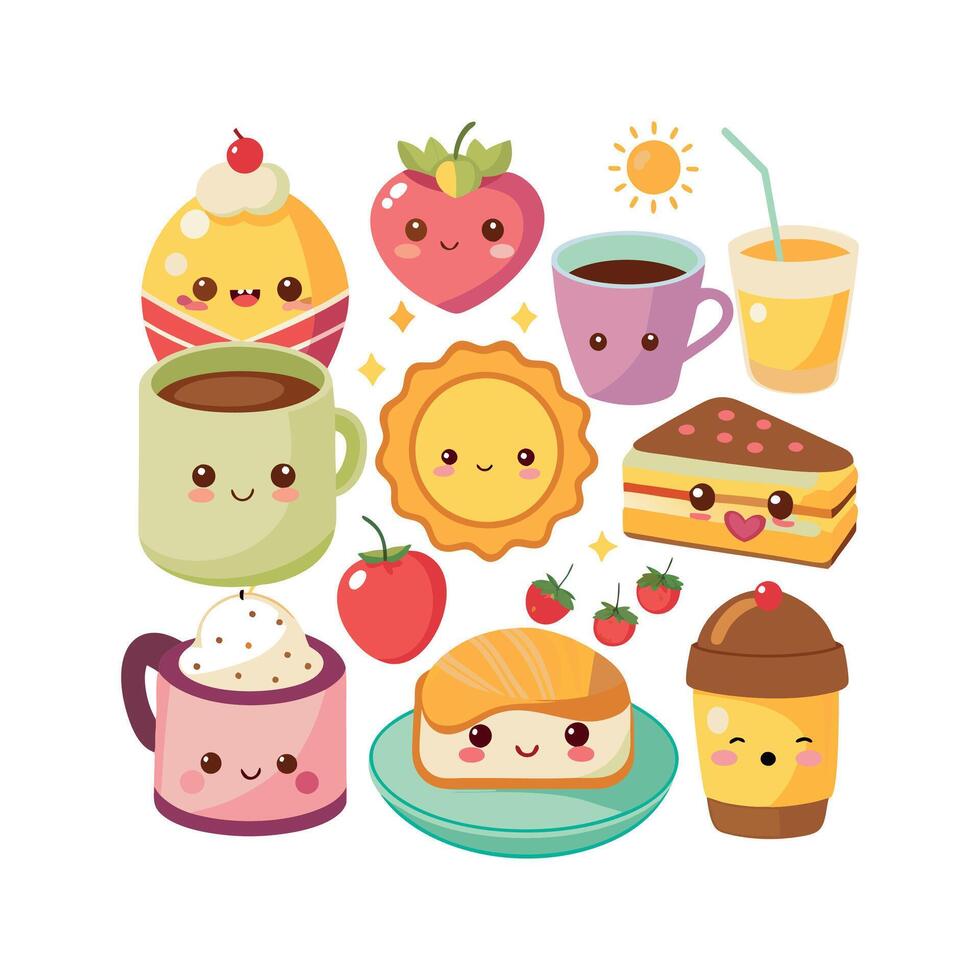 Kawaii Breakfast collection Clipart illustration On a White Background vector
