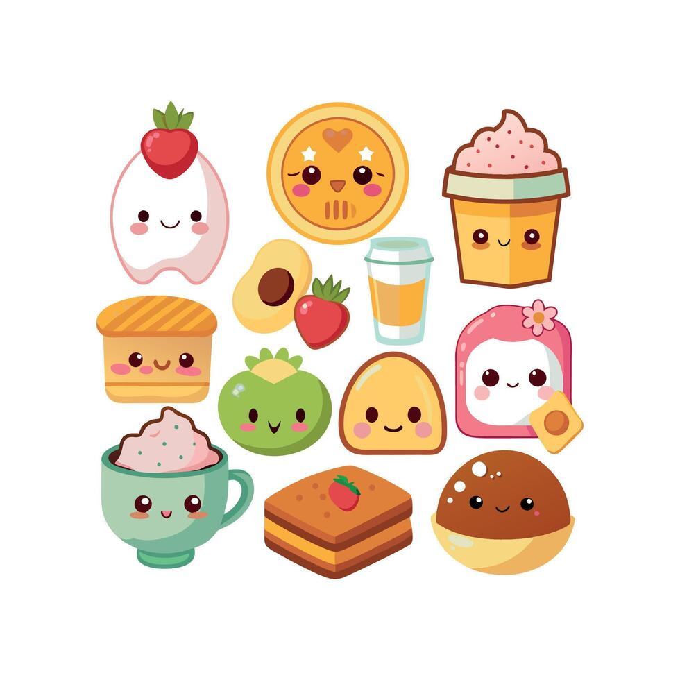 Kawaii Breakfast collection Clipart illustration On a White Background vector