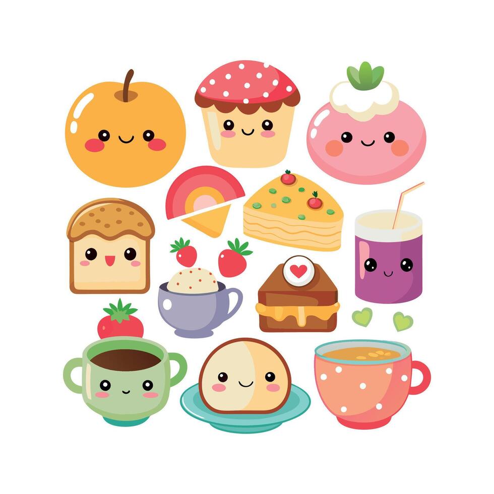 Kawaii Breakfast collection Clipart illustration On a White Background vector