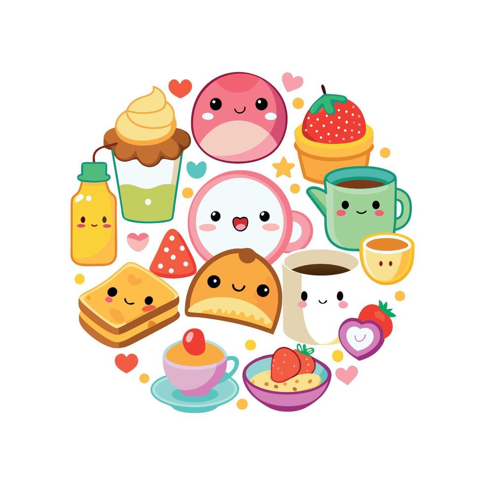 Kawaii Breakfast collection Clipart illustration On a White Background vector