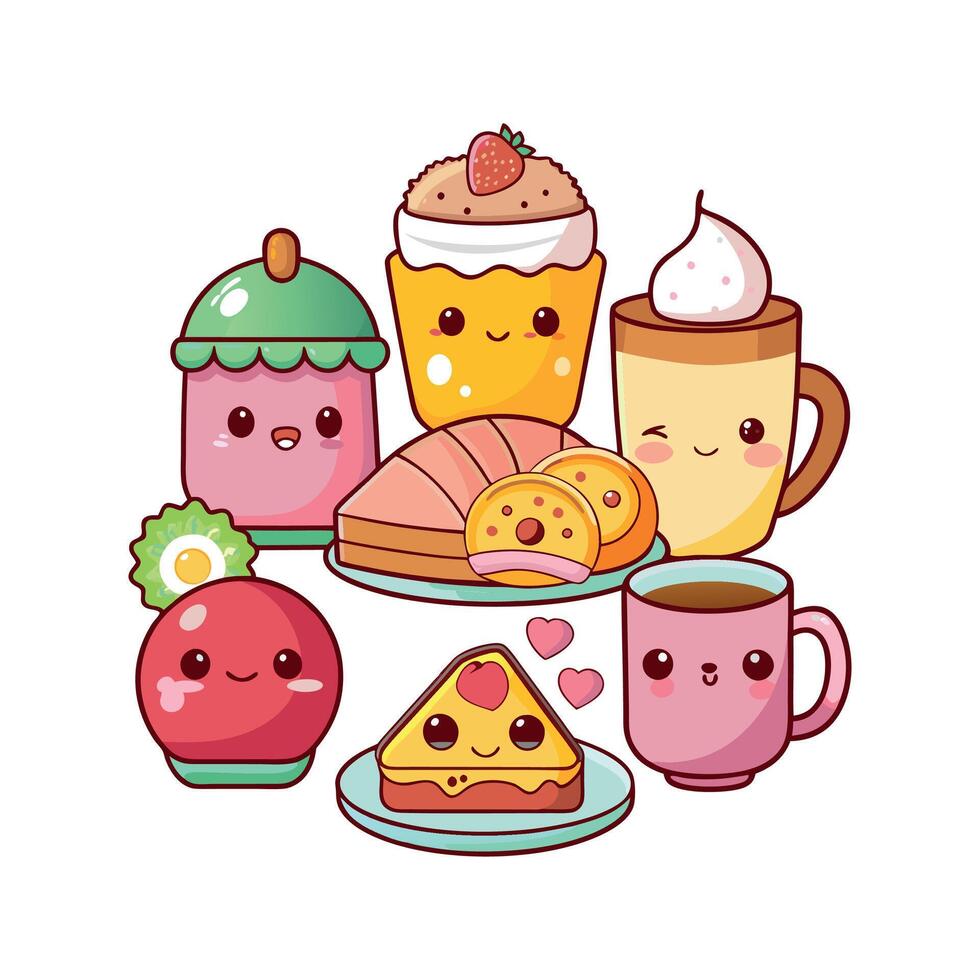Kawaii Breakfast collection Clipart illustration On a White Background vector