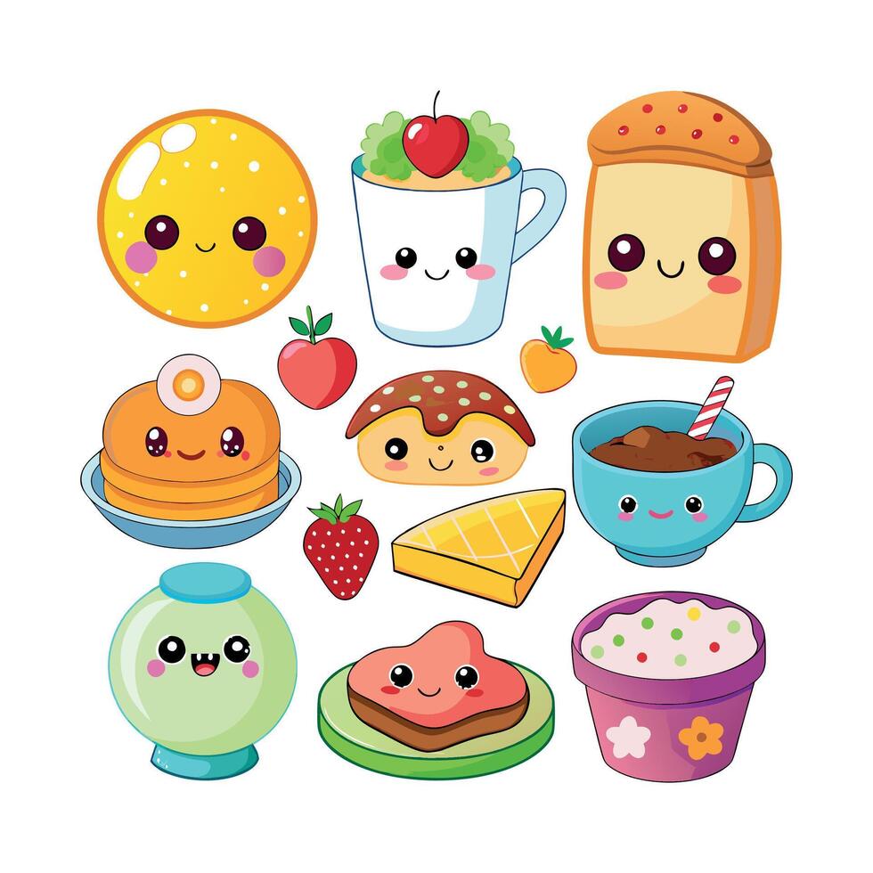 Kawaii Breakfast collection Clipart illustration On a White Background vector