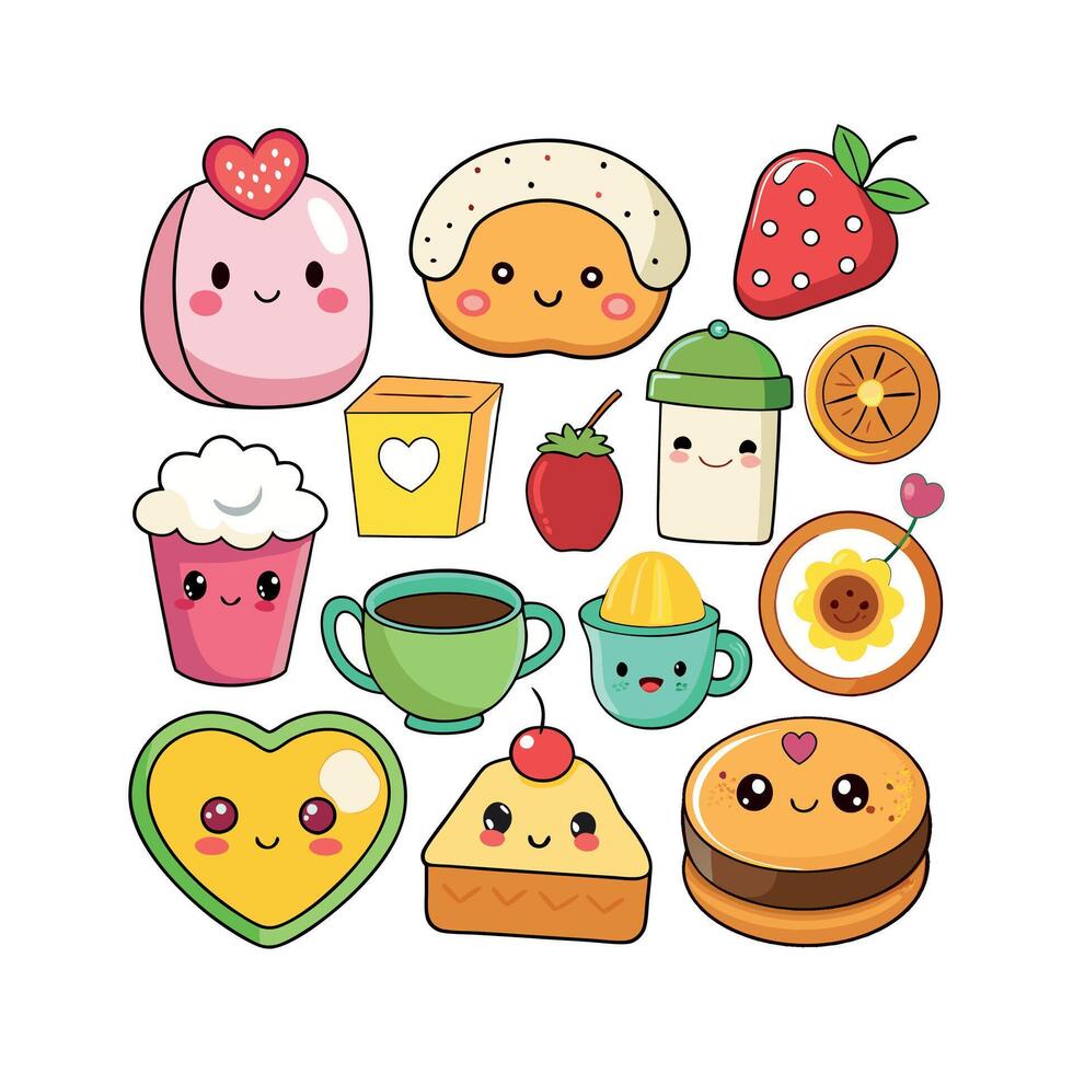 Kawaii Breakfast collection Clipart illustration On a White Background vector