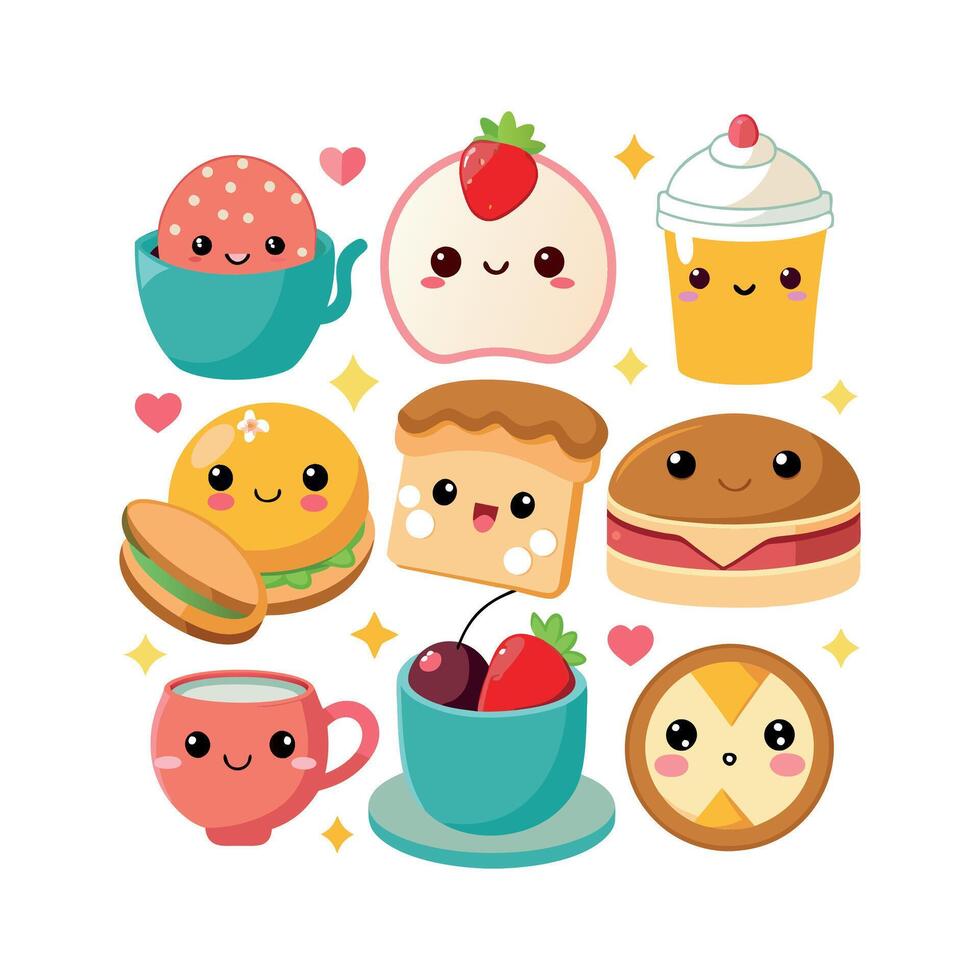 Kawaii Breakfast collection Clipart illustration On a White Background vector