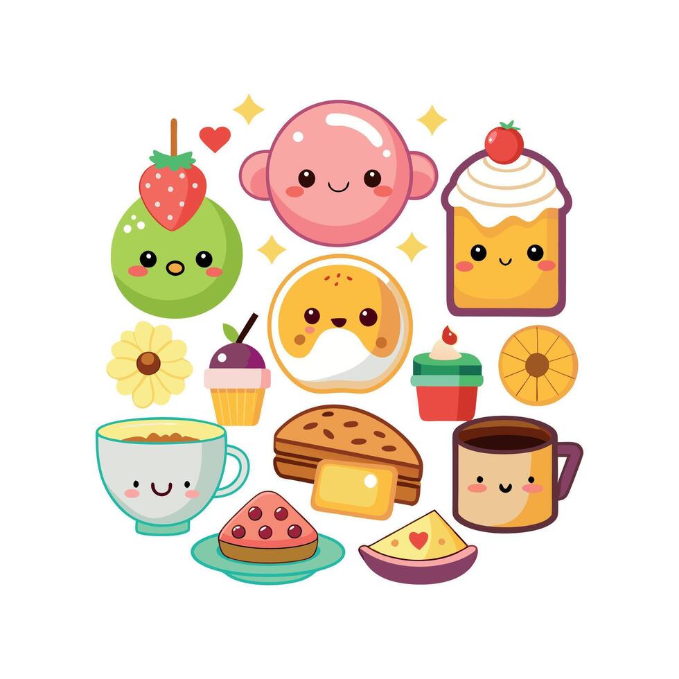 Kawaii Breakfast collection Clipart illustration On a White Background vector