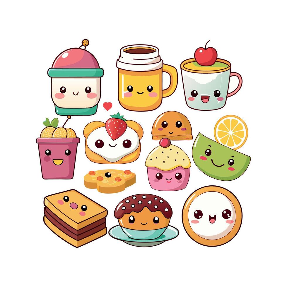 Kawaii Breakfast collection Clipart illustration On a White Background vector