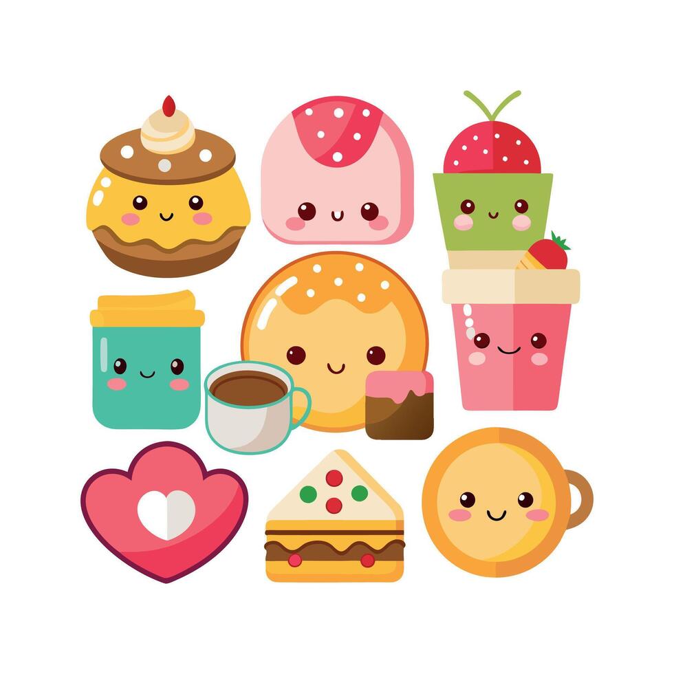 Kawaii Breakfast collection Clipart illustration On a White Background vector