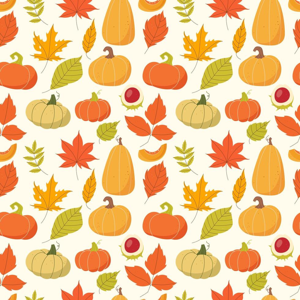 Autumn seamless pattern with pumpkins and leaves vector