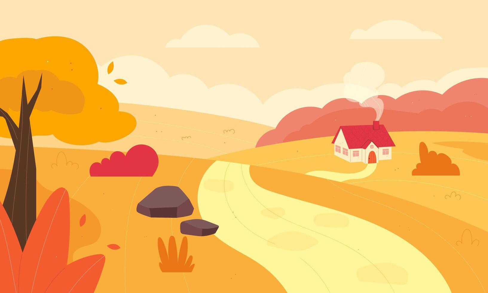 Autumn landscape. Countryside, autumn forest, nature. Autumn field, forest, trees, cozy house vector