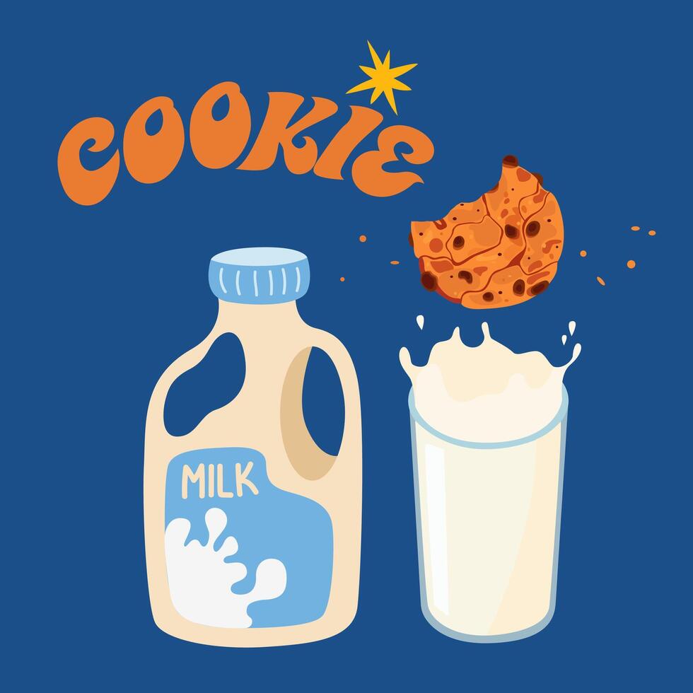 Chocolate cookies biscuit sweets with glass of milk. A packet of milk. Breakfast illustration design. A healthy breakfast vector