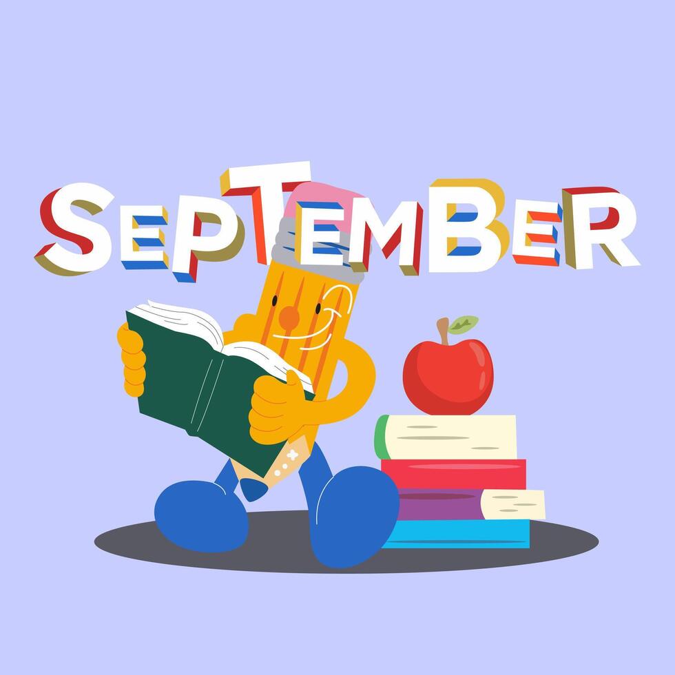 A card, a banner, cover for a post on the social network Back to school. September hand written inscription. Colored cartoon pencil characters with a book vector