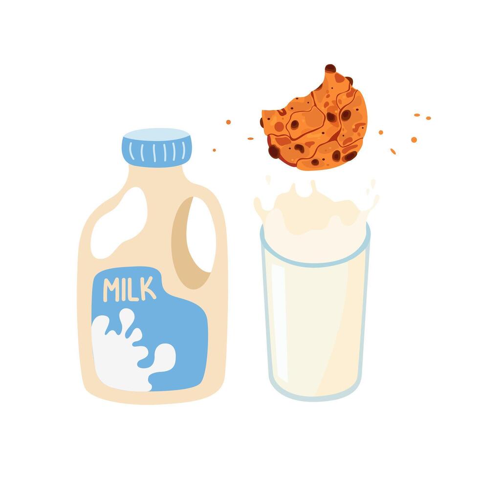 Chocolate cookies biscuit sweets with glass of milk. A packet of milk. Breakfast illustration design. A healthy breakfast vector
