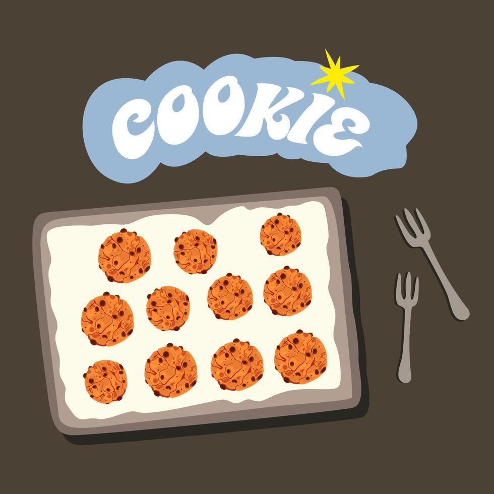 National chocolate chip cookie day. American food holiday. Sweet delicious pastries. Happy cookie day poster. Chocolate chip cookie illustration. Retro flat style vector