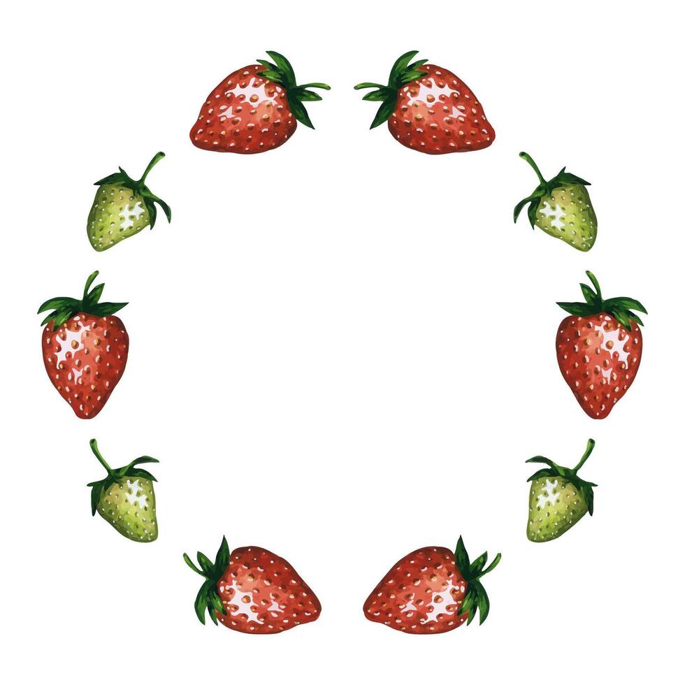 Strawberry wreath, round frame with red and green berries, hand drawn watercolor illustration. Ideal template for logo, banner, greeting card, invitation or menu design. vector