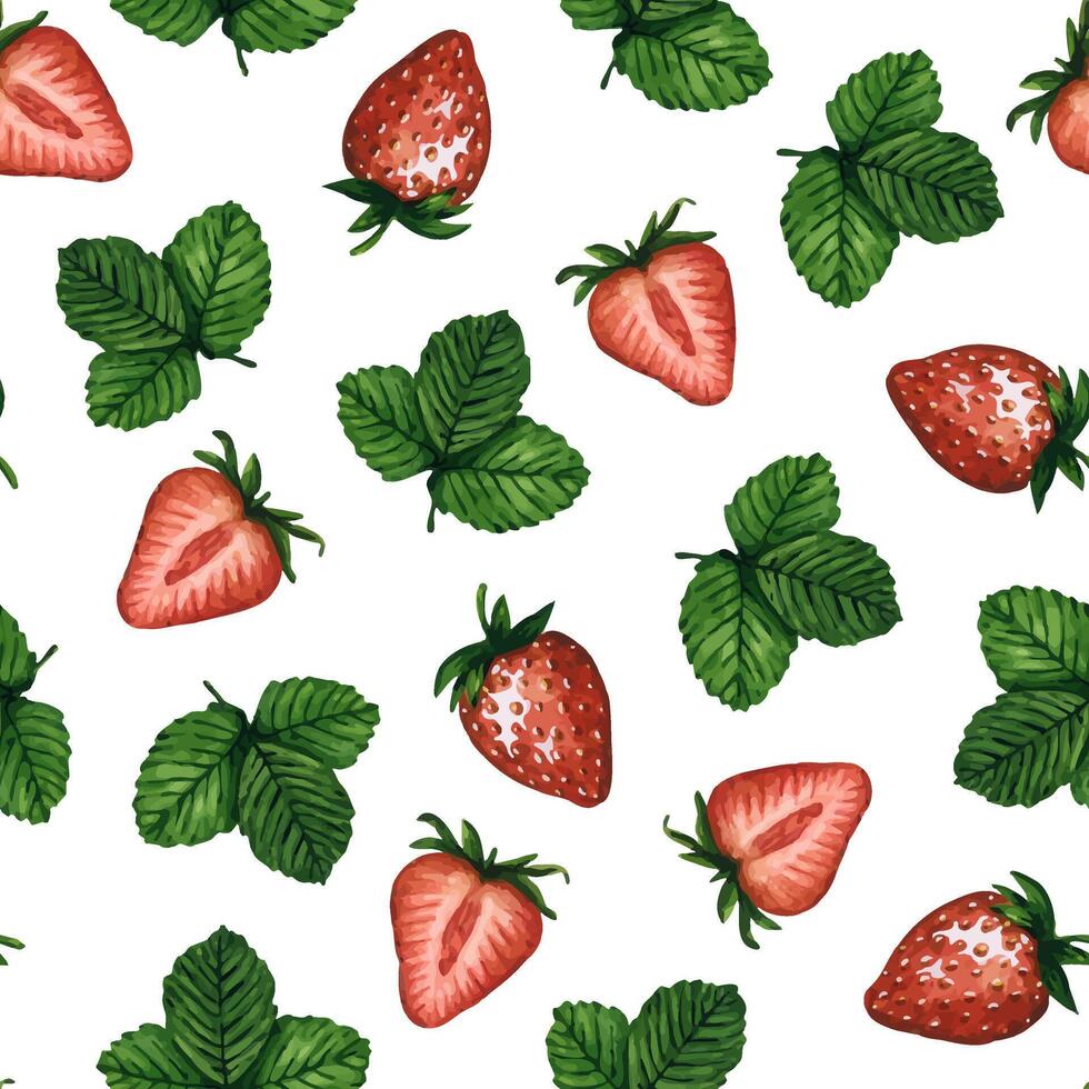 Seamless pattern with fresh and juicy strawberries and green leaves isolated on white background, hand drawn watercolor illustration. Ideal for background, fabric and textile, postcard, packaging. vector