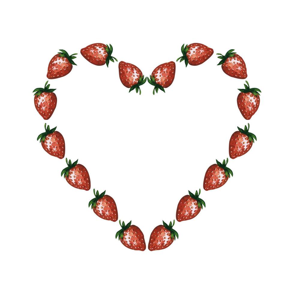 Watercolor strawberry wreath, heart frame with ripe and juicy berries isolated on white. Hand drawn watercolor illustration. Ideal template for logo, banner, greeting card, invitation or menu design. vector