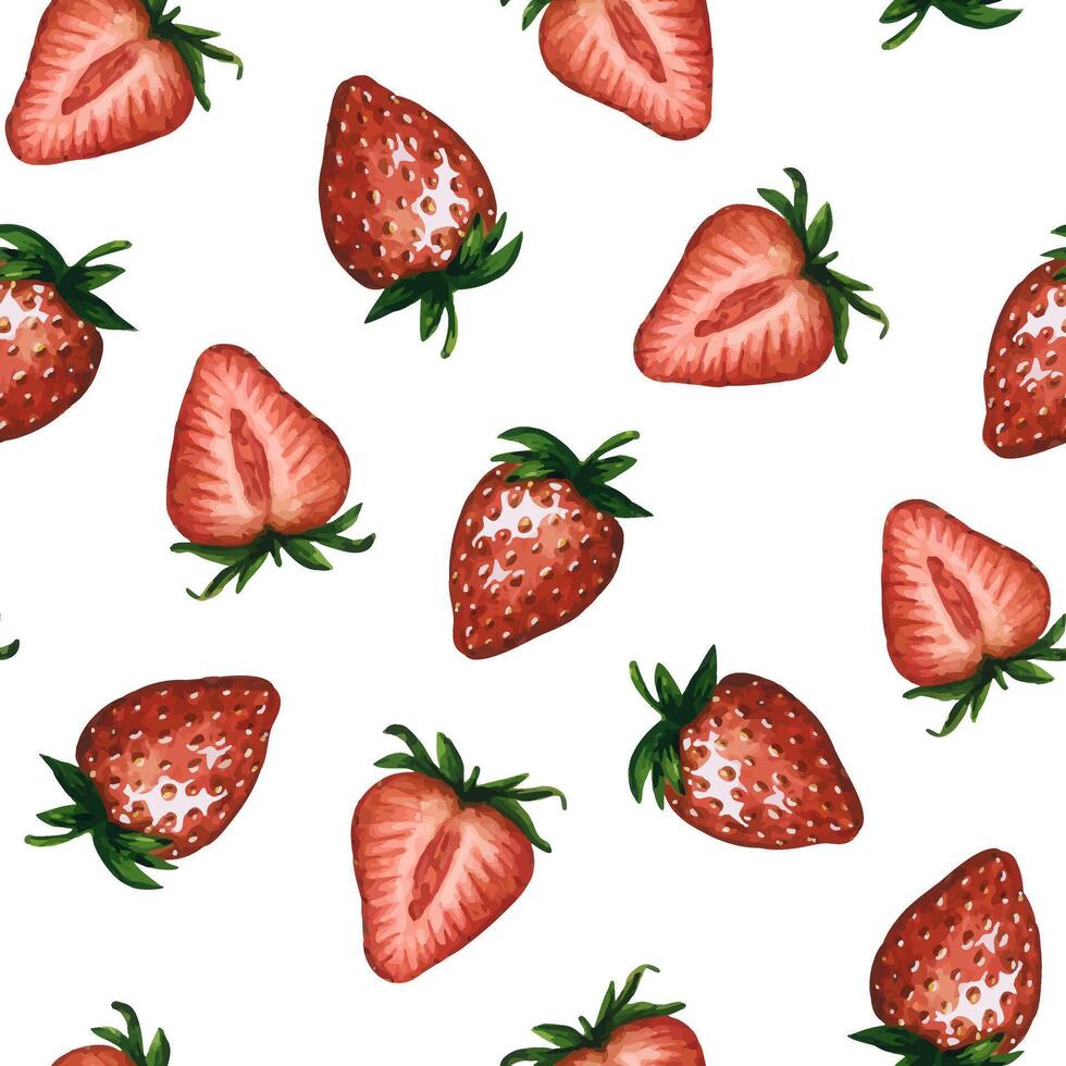 Seamless pattern with fresh and juicy strawberries and strawberry halves isolated on white background, hand drawn watercolor illustration. Ideal for background, fabric and textile, postcard, packaging vector
