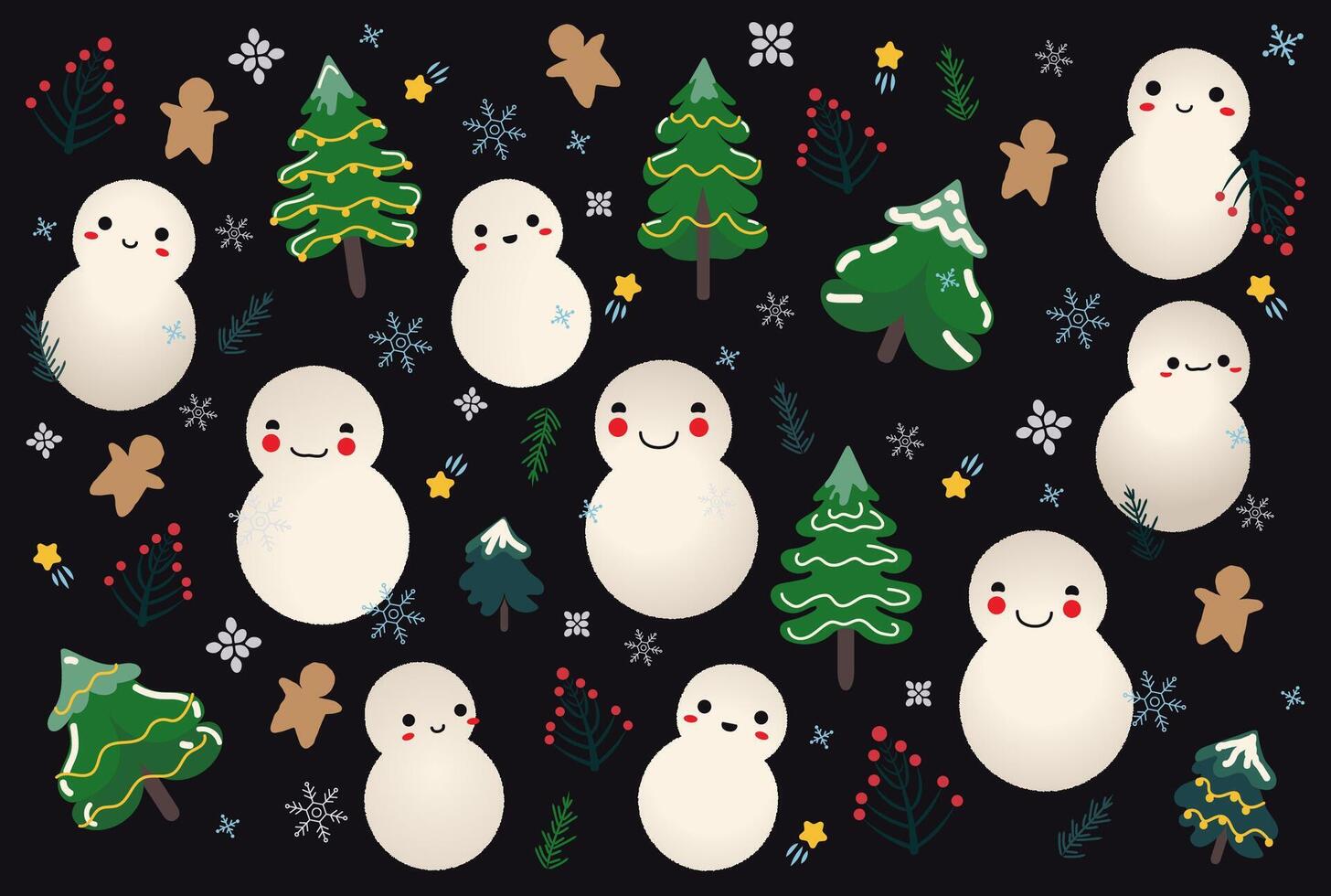 Set of cute snowmen and Christmas trees on a black background vector