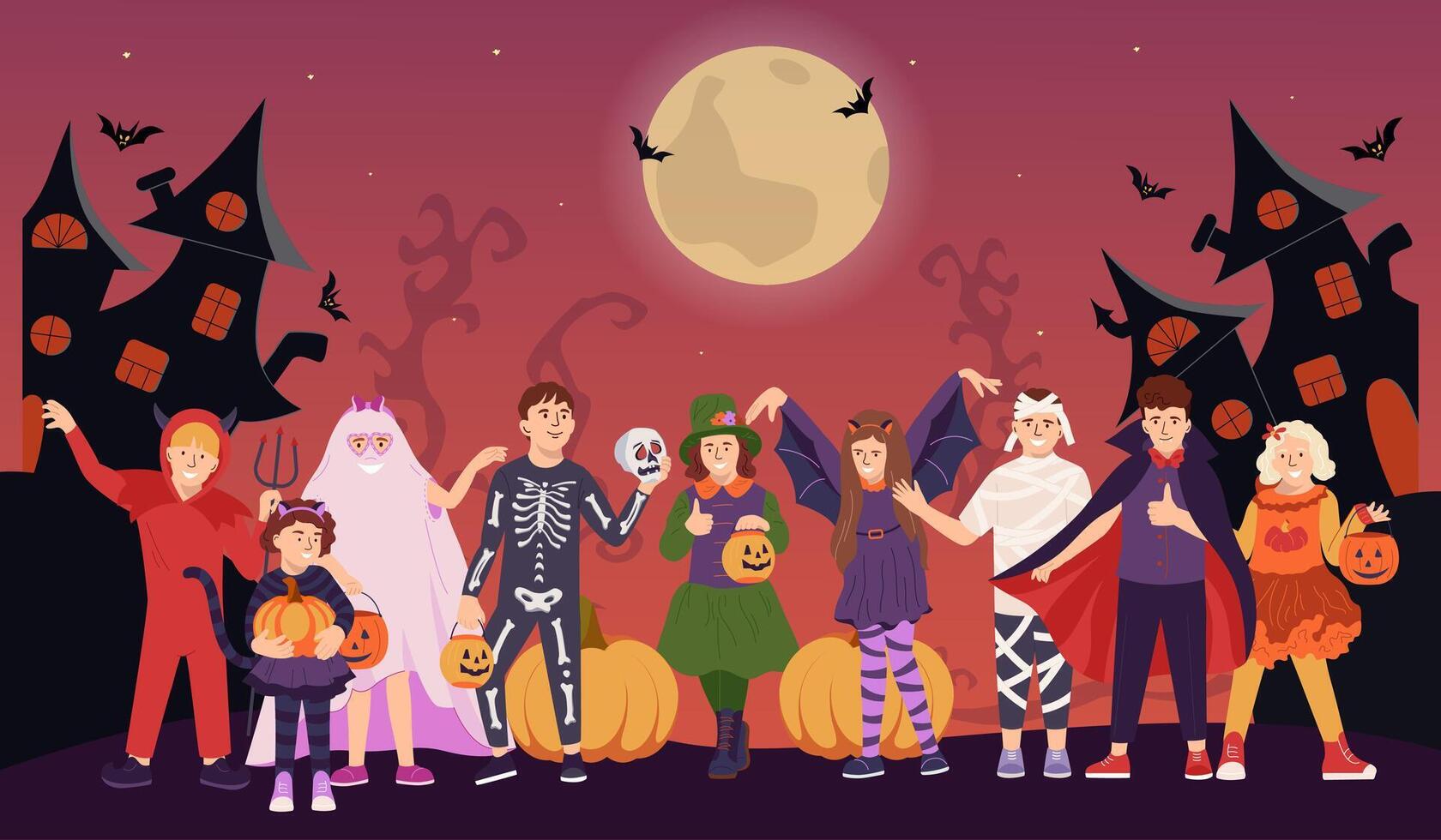Happy Halloween kids party poster. Funny boys and girls in monster outfits in October festival. Children dressed in horror costumes to go Trick or Treating. Flat illustration isolated vector