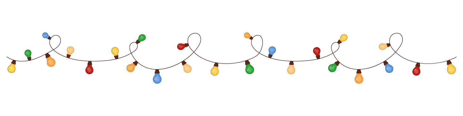 Colourful New Years lighting equipment cord of lights. Christmas design element. illustration festoon. Multicolored light bulbs. vector