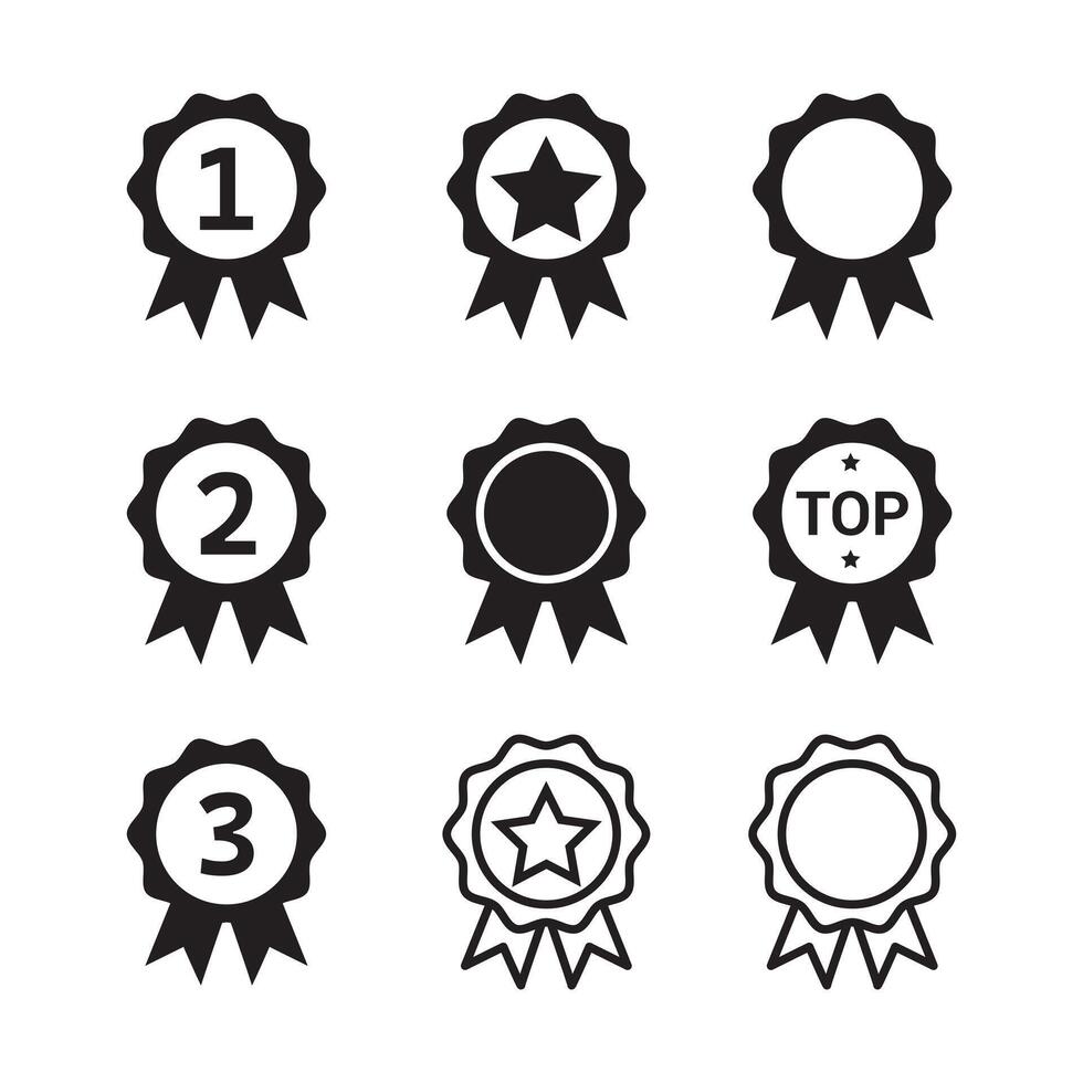 Awards icon silhouette badge with ribbon icon set, Medal, winner prize icon in flat linear stylepremium product certified or best choice recommended award stock vector