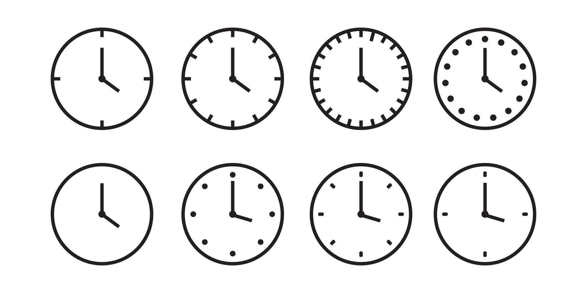 Clock icon set. Time and Clock icons set. Circle arrow icon. Horizontal set of analog clock icon symbol . Circle arrow icon. vector