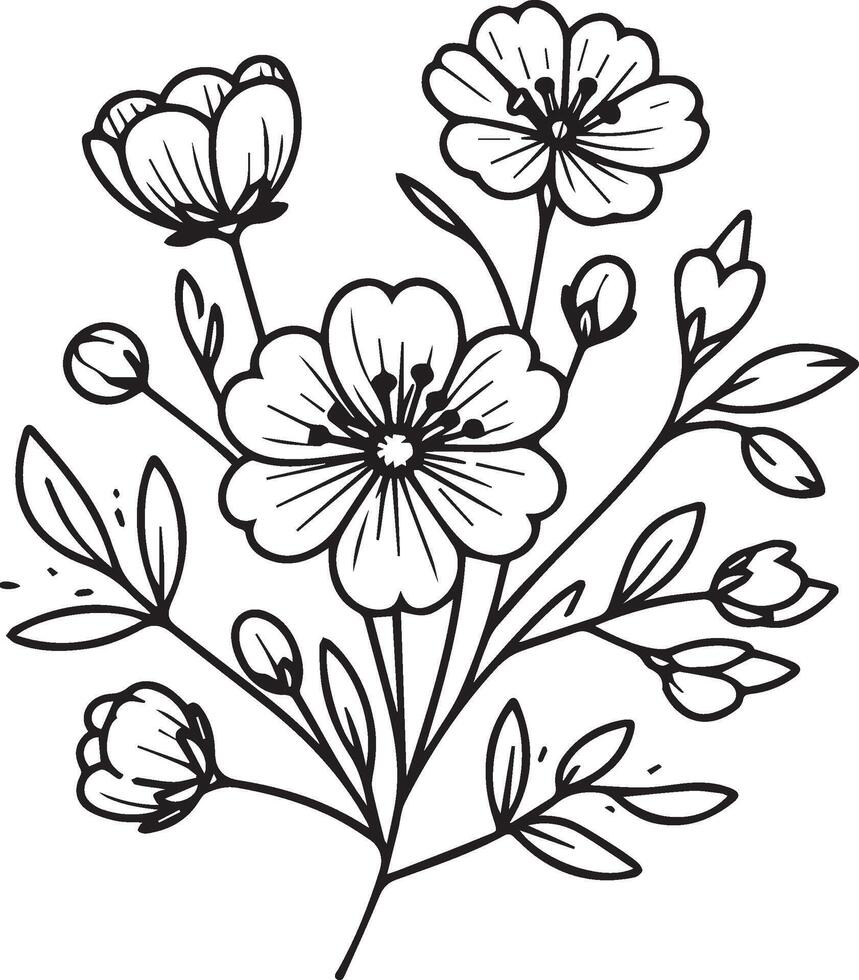sketch of Spring flowers. illustration of a Beautiful flower with a bouquet of Spring flowers and leaves. Detailed flower coloring pages vector