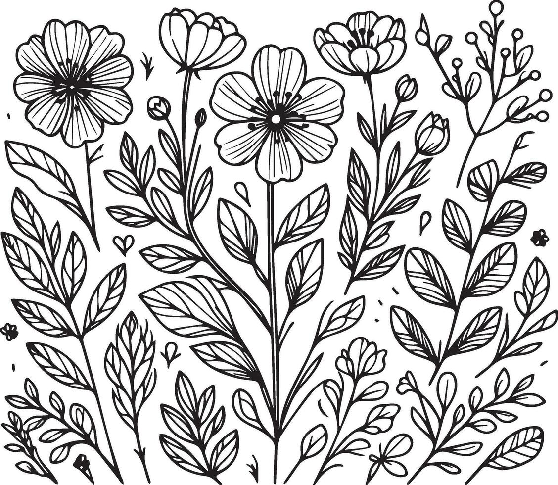 Black and white outline coloring book page for adults and children Spring flowers hibiscus with leaves buds hand-drawn flowers, isolated on white background ink Spring illustration vector