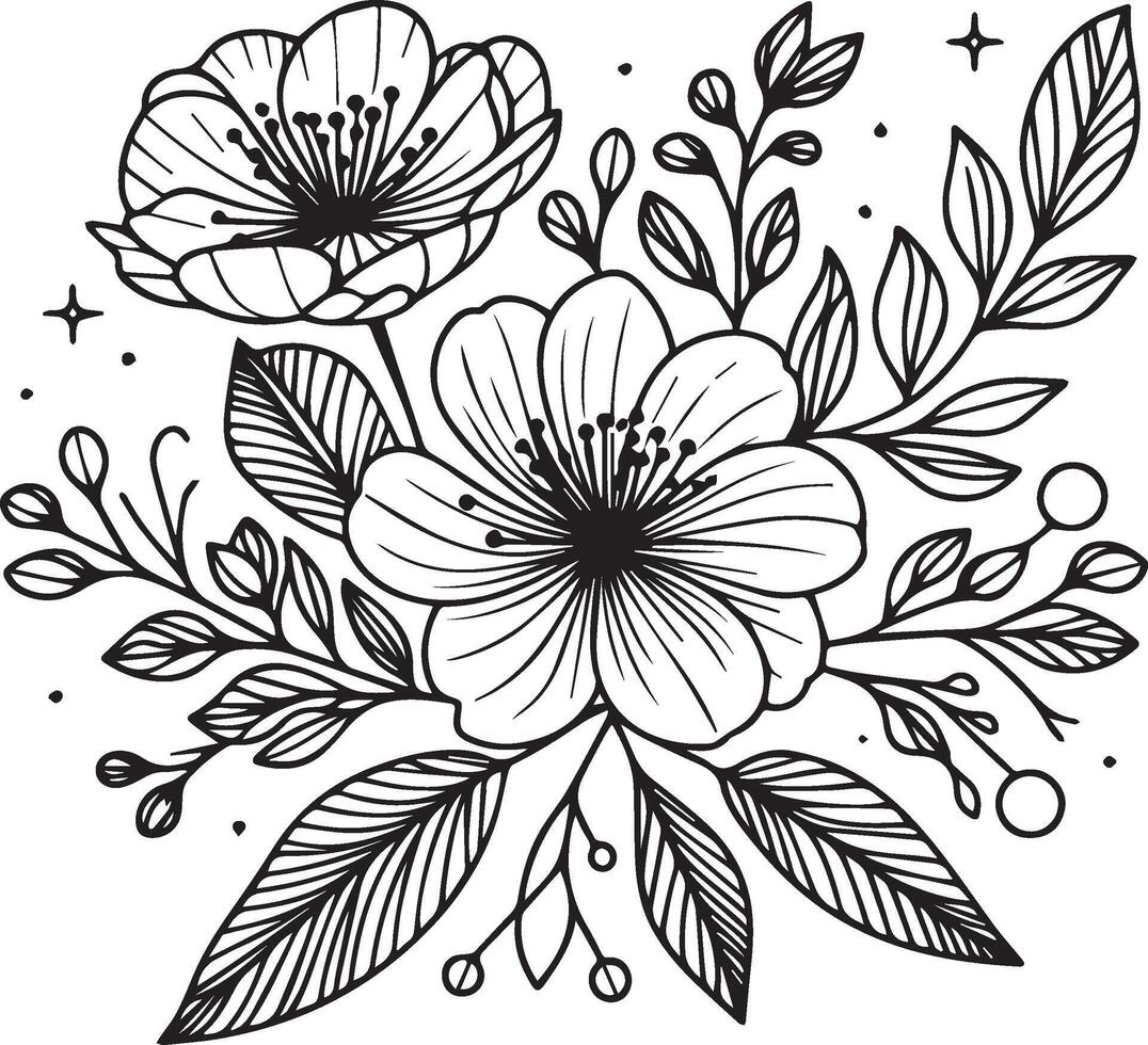 Spring of pansy flower illustration hand-drawn botanical leaf buds isolated on white, spring flower and ink art style, botanical garden element, spring flower coloring pages vector