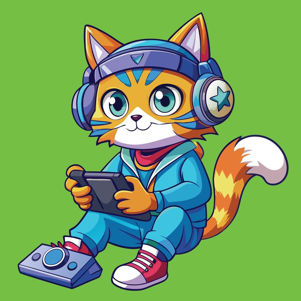 Cat Playing with Playstation and Wearing the Headphones vector