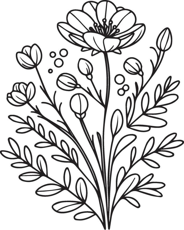 illustration of a beautiful carnation flowers bouquet, hand-drawn coloring book of artistic, blossom Spring,isolated on white background, sketch art leaf branch botanic collection for adults vector