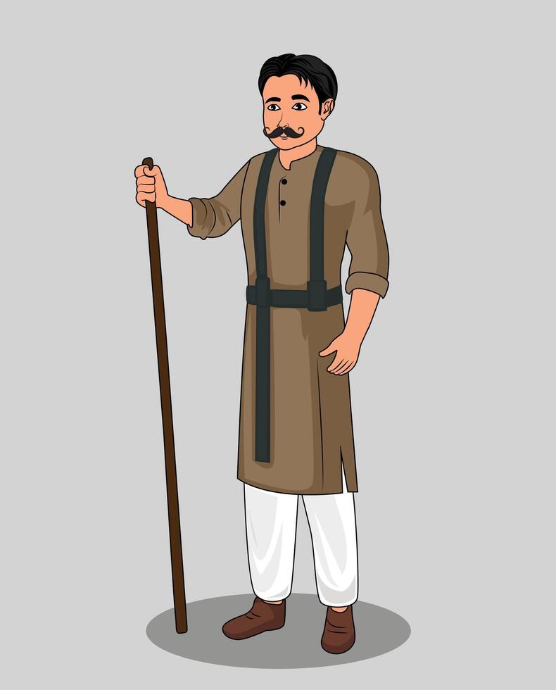 Indian village security guard cartoon character design for 2d animation vector
