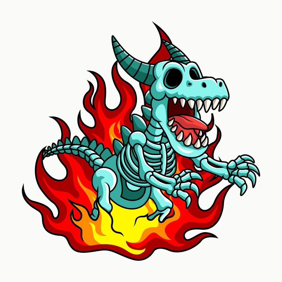 Dinosaur skull sticker illustration with fire background. eps 10 vector