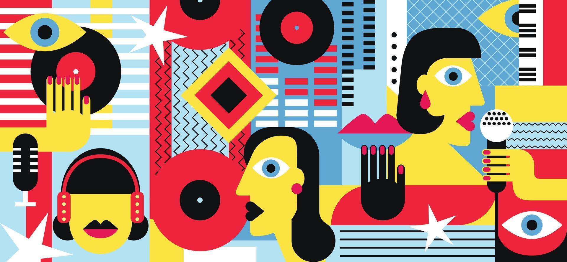 Abstract geometric pop art background. Musical instruments, people enjoy music festival or concert performance. Geometric illustration. vector