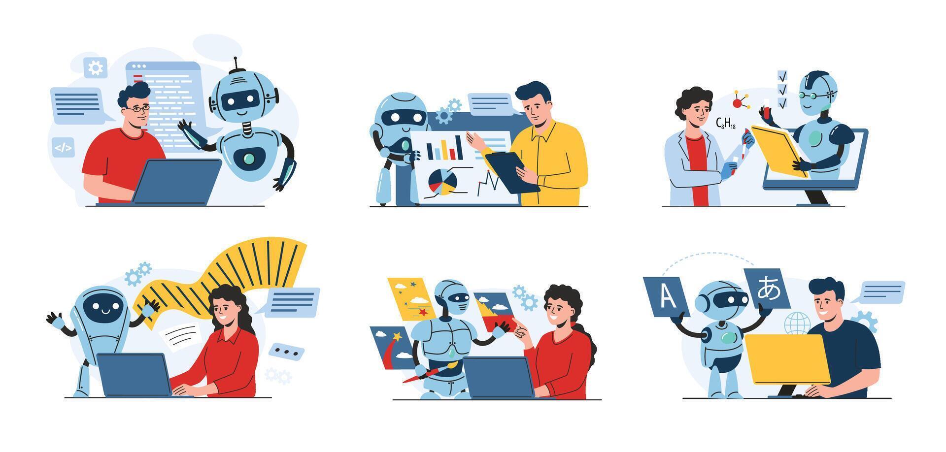 Ai work assistant. Bots helps people with programming, data analytics, scientific research, creative writing, generative art and language learning illustration set. vector