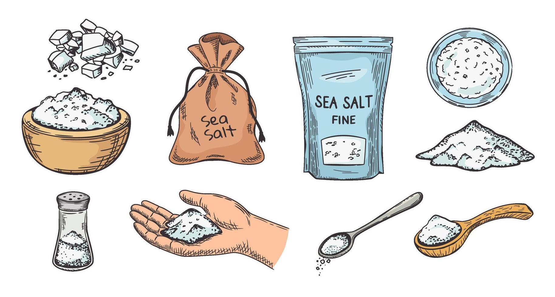 Hand drawn salt. Sketch sea salt packaging, wooden bowl and spoon, salt shaker and pinch in hand illustration set vector