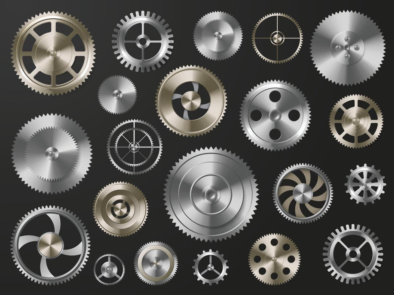 Metal gears. Metallic cogwheels and spur gears for mechanical engineering, industrial and steampunk themed design. Isolated set. vector