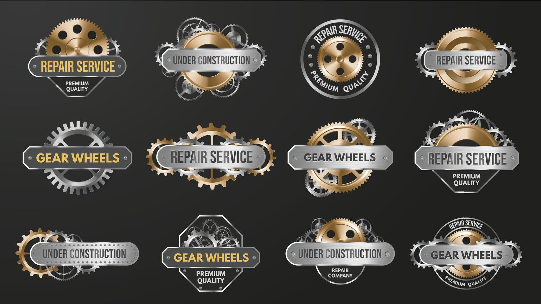 Metal gear emblem. Repair service and under construction badges with mechanical gears frame. Isolated set. vector