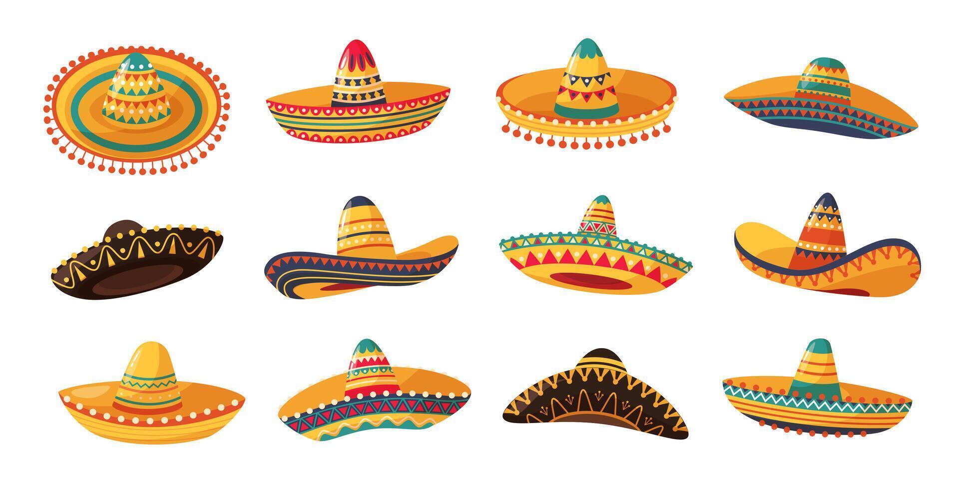 Mexican sombrero. Charro cowboy and mariachi musician hats, Cinco de Mayo fiesta party decorations cartoon set vector