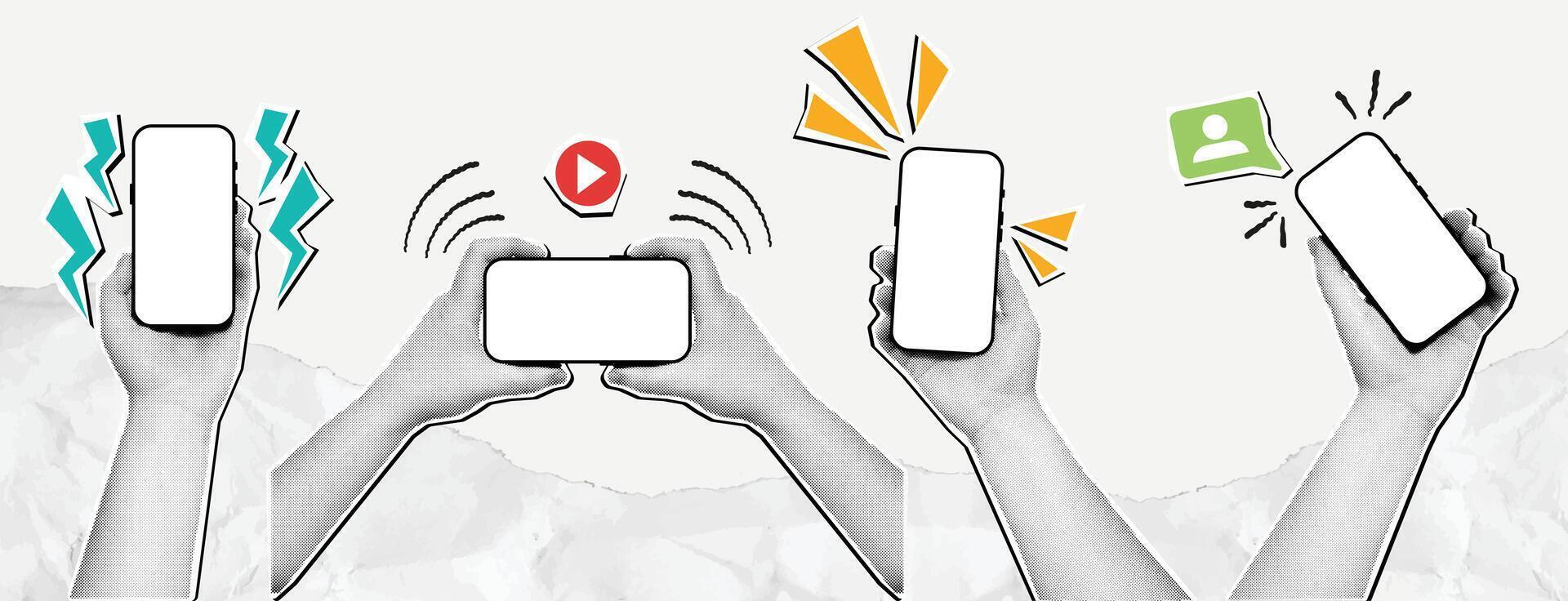 Halftone hand with smartphone mockup. Mixed media mobile phone screen, paper hands with devices set. vector