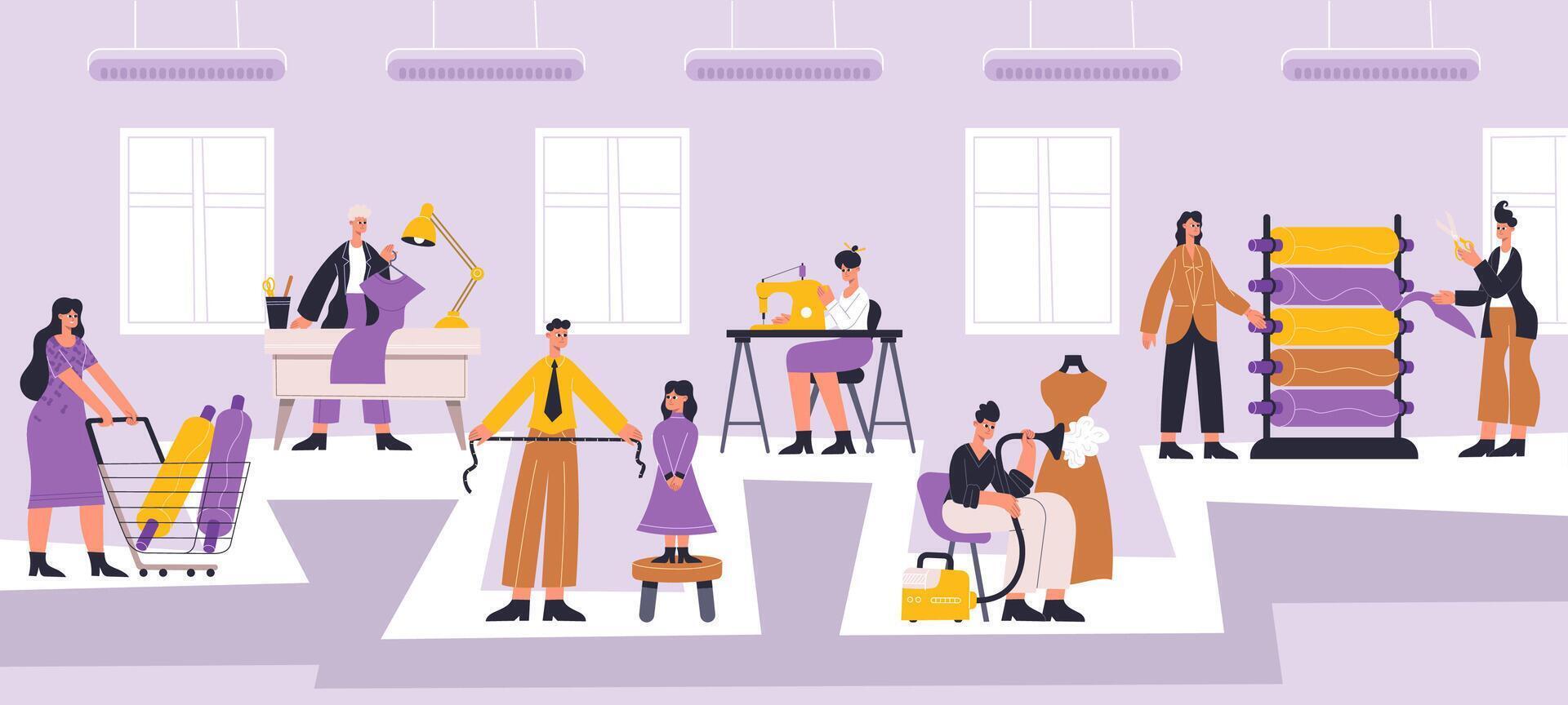 Fashion atelier workers, sewing, dressmaking workshop interior. Designer studio with workers choosing materials vector