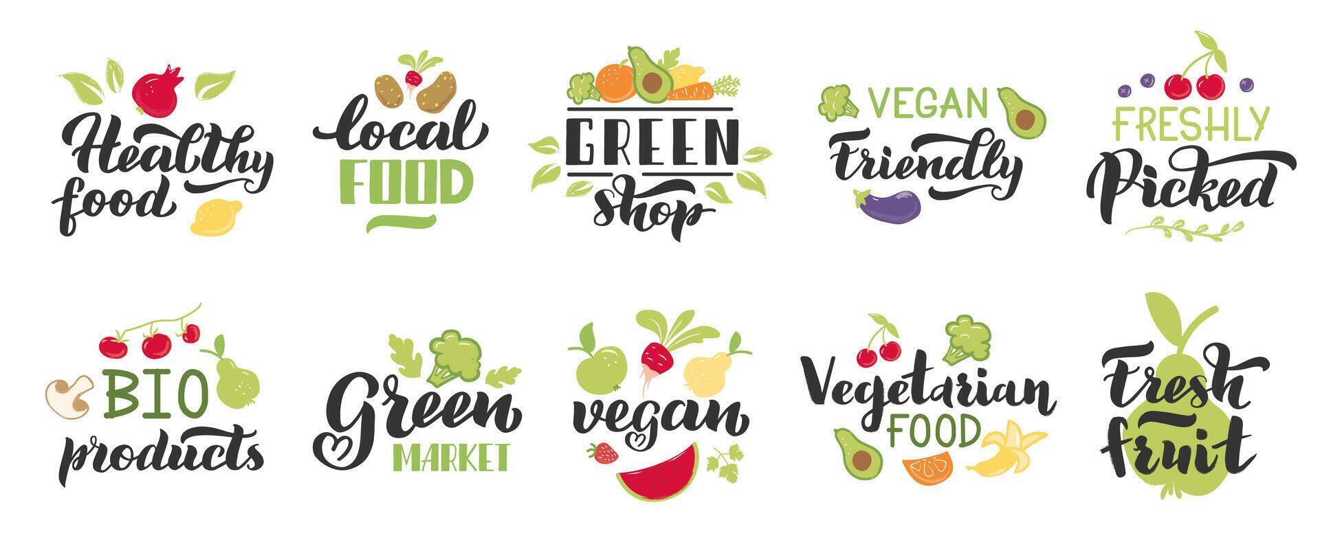 Organic fruits and veggies labels. Healthy local vegetables badges for bio product packaging. Vegetarian food vector