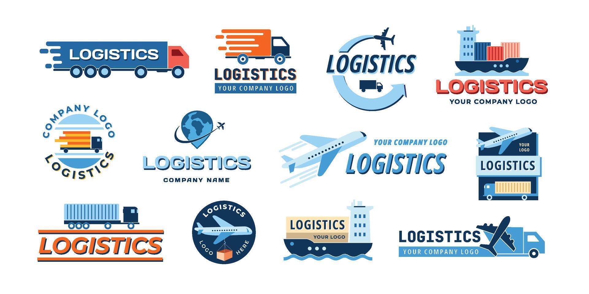 Logistics emblem. Transportation company icons with truck, airplane, ship and container icons for freight and cargo services set. vector